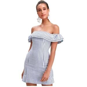 Lulus Seaside Skipper Blue Striped Off-the-Shoulder Mini Dress size Small NWT
